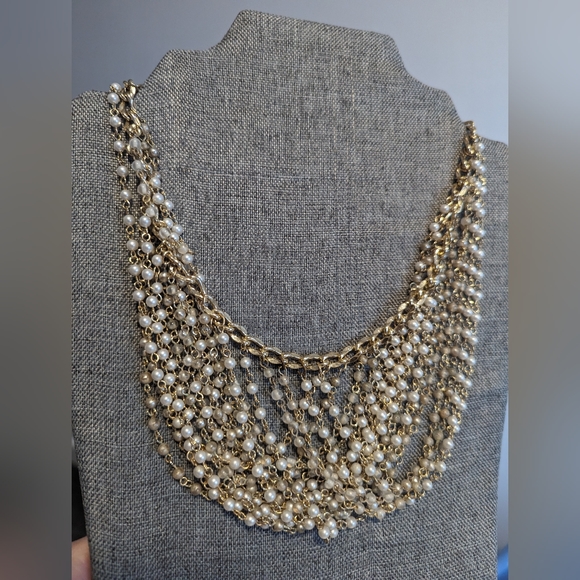 French Vintage Multi strands Drapery Necklace with Faux Pearls - Picture 3 of 6